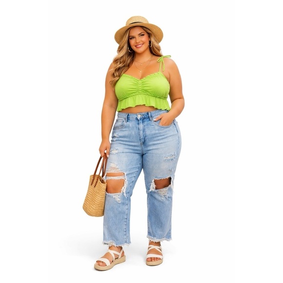 Risen Jeans Denim - RISEN Ripped Straight Leg Crop Jeans